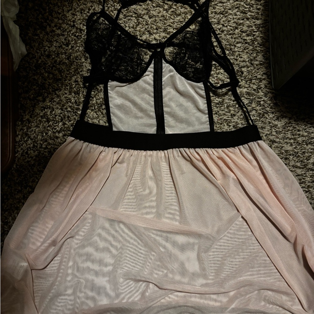 Elegant Black and Pink Lace Nightgown